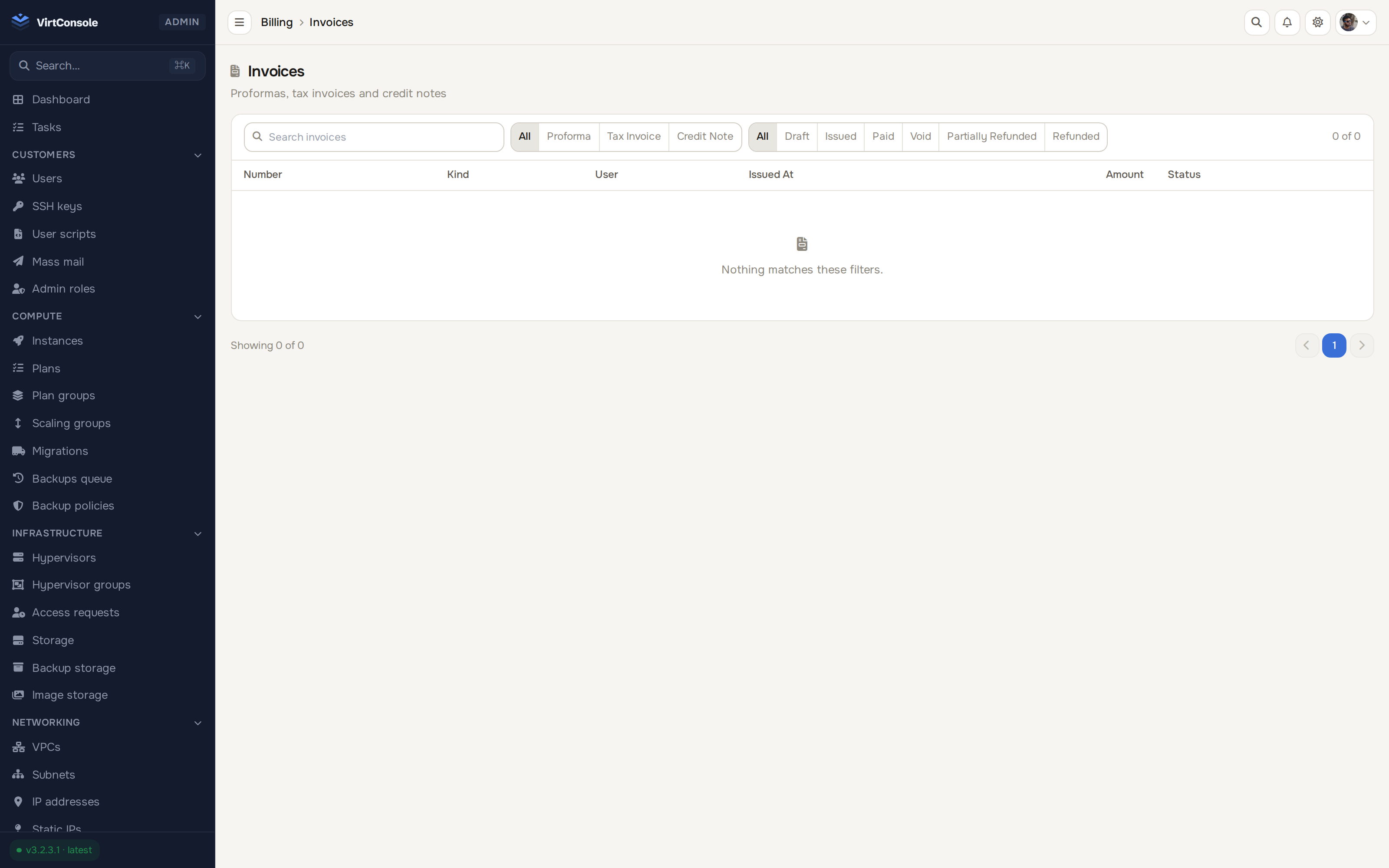 VirtConsole invoices list showing tax-compliant PDF invoices generated automatically