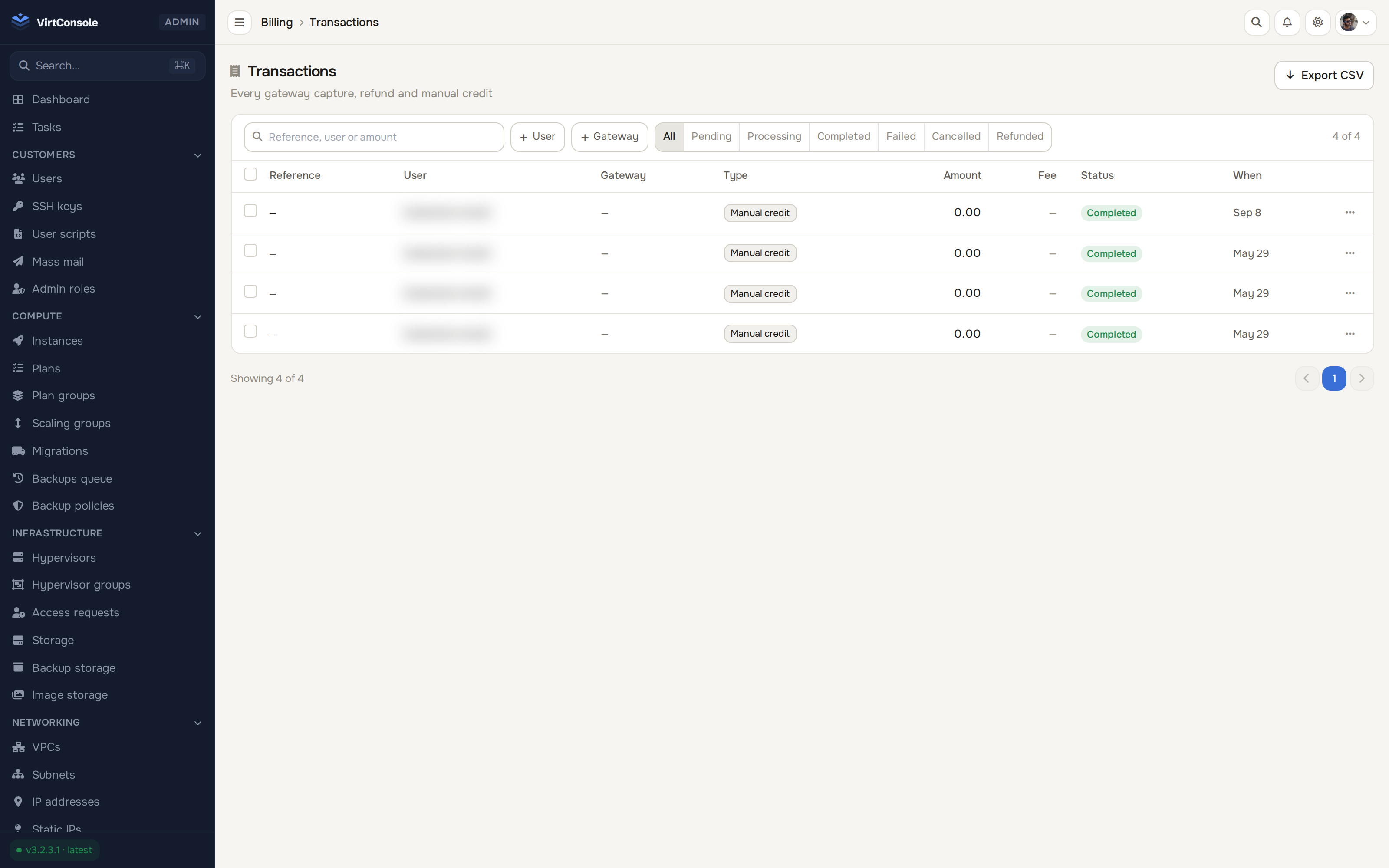 VirtConsole billing transactions list showing credit top-ups, charges and refunds