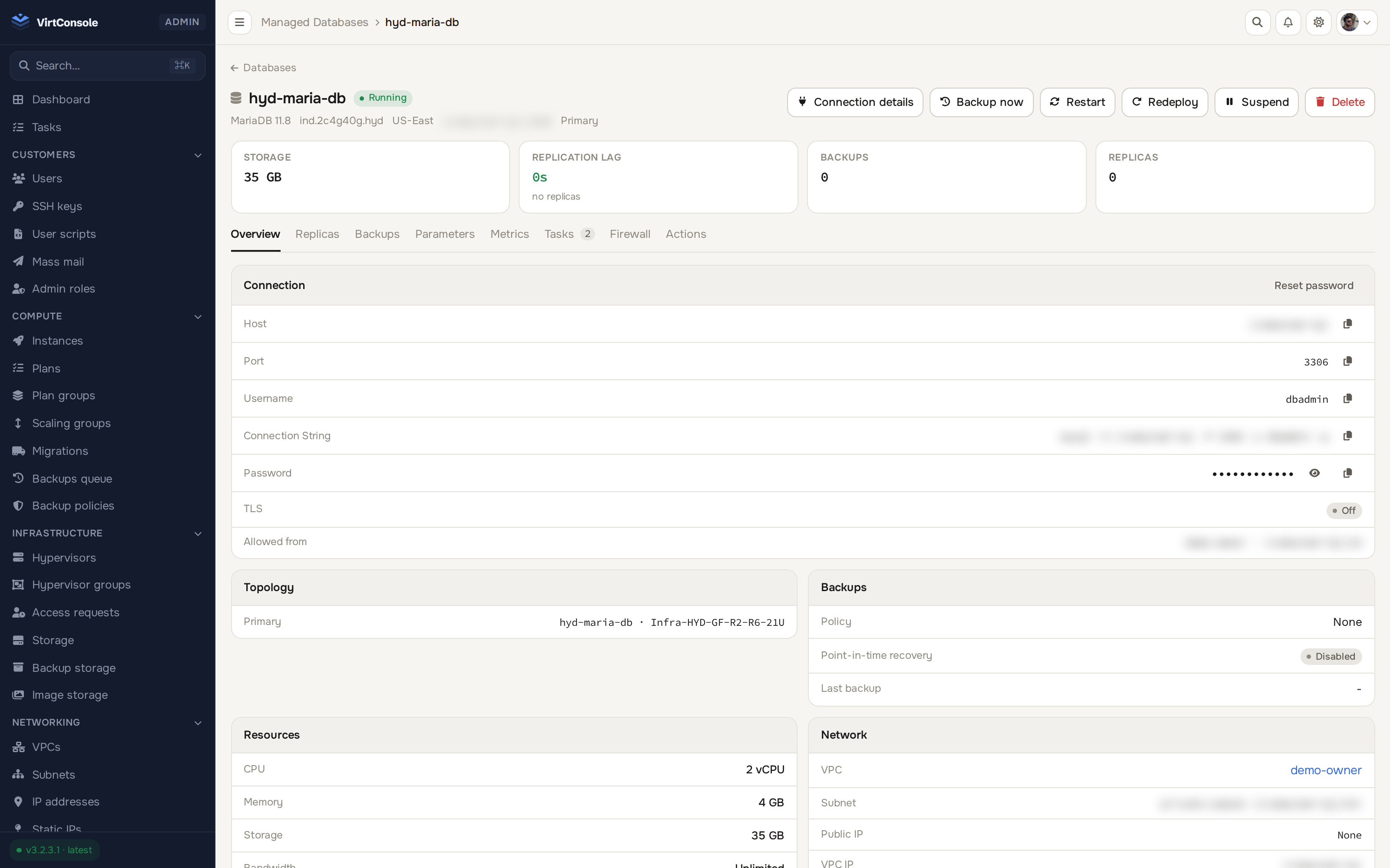 VirtConsole managed database detail page with replicas, backup status and connection details