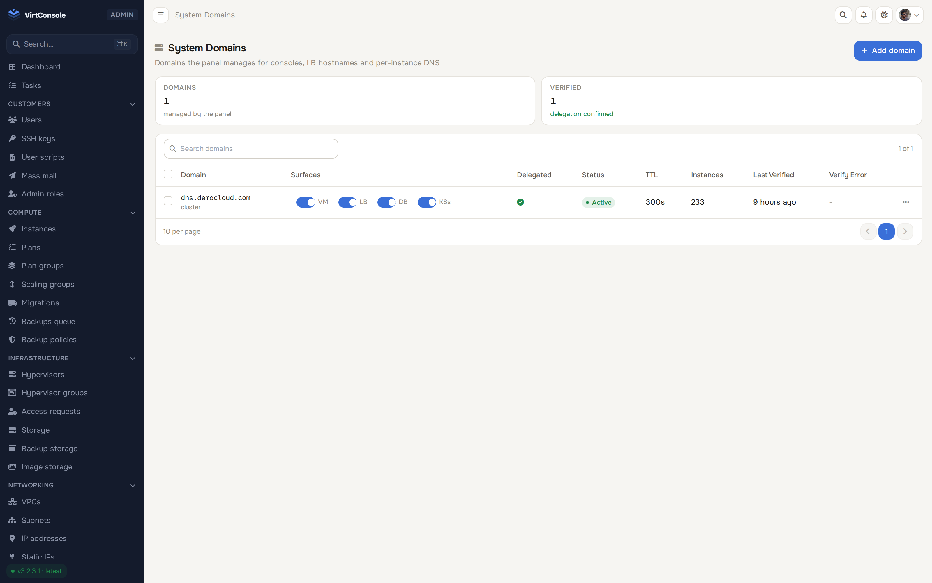 VirtConsole System DNS screen listing managed domains and delegation status