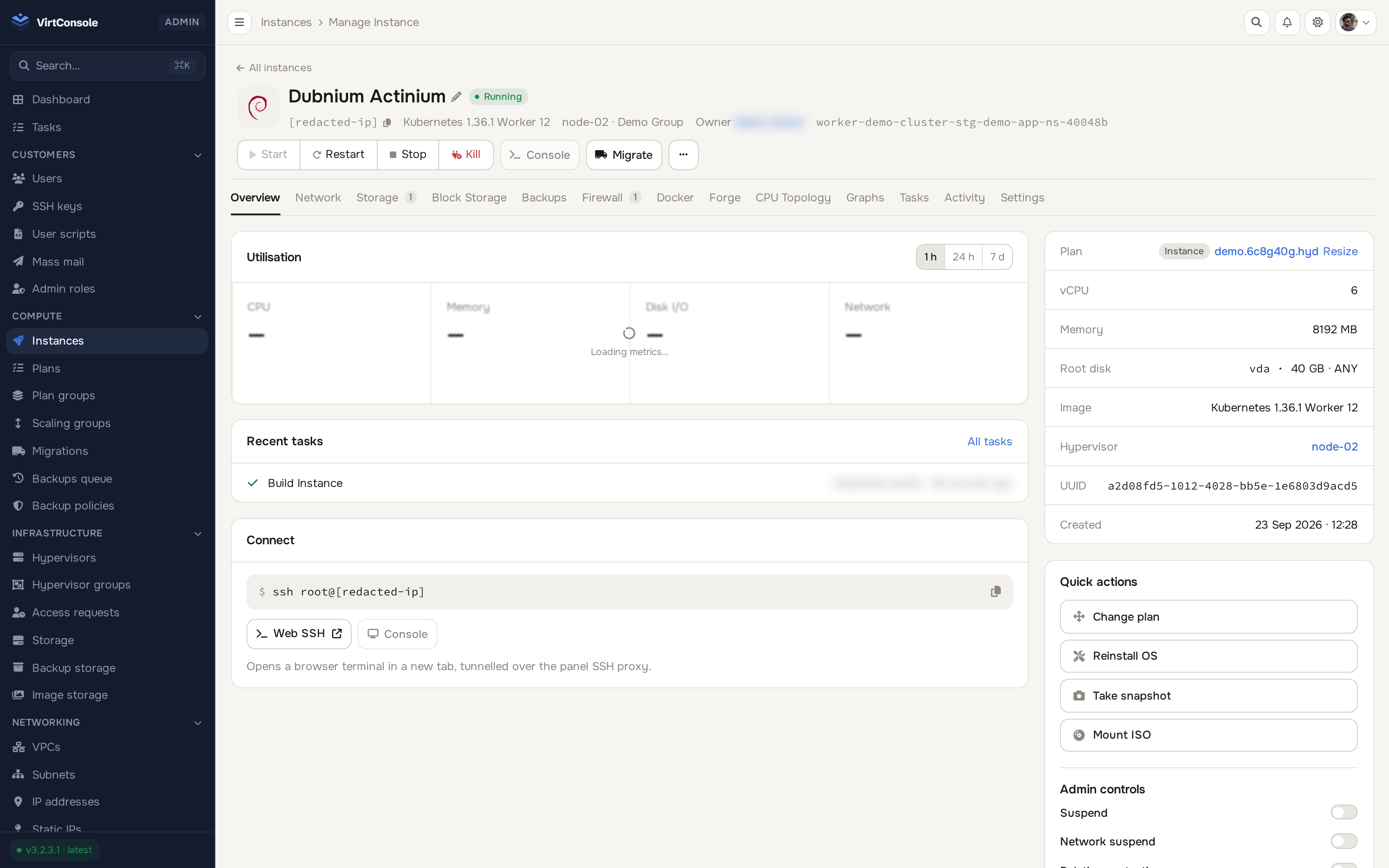 VirtConsole instance detail page with live CPU, memory and network graphs, power controls and console access