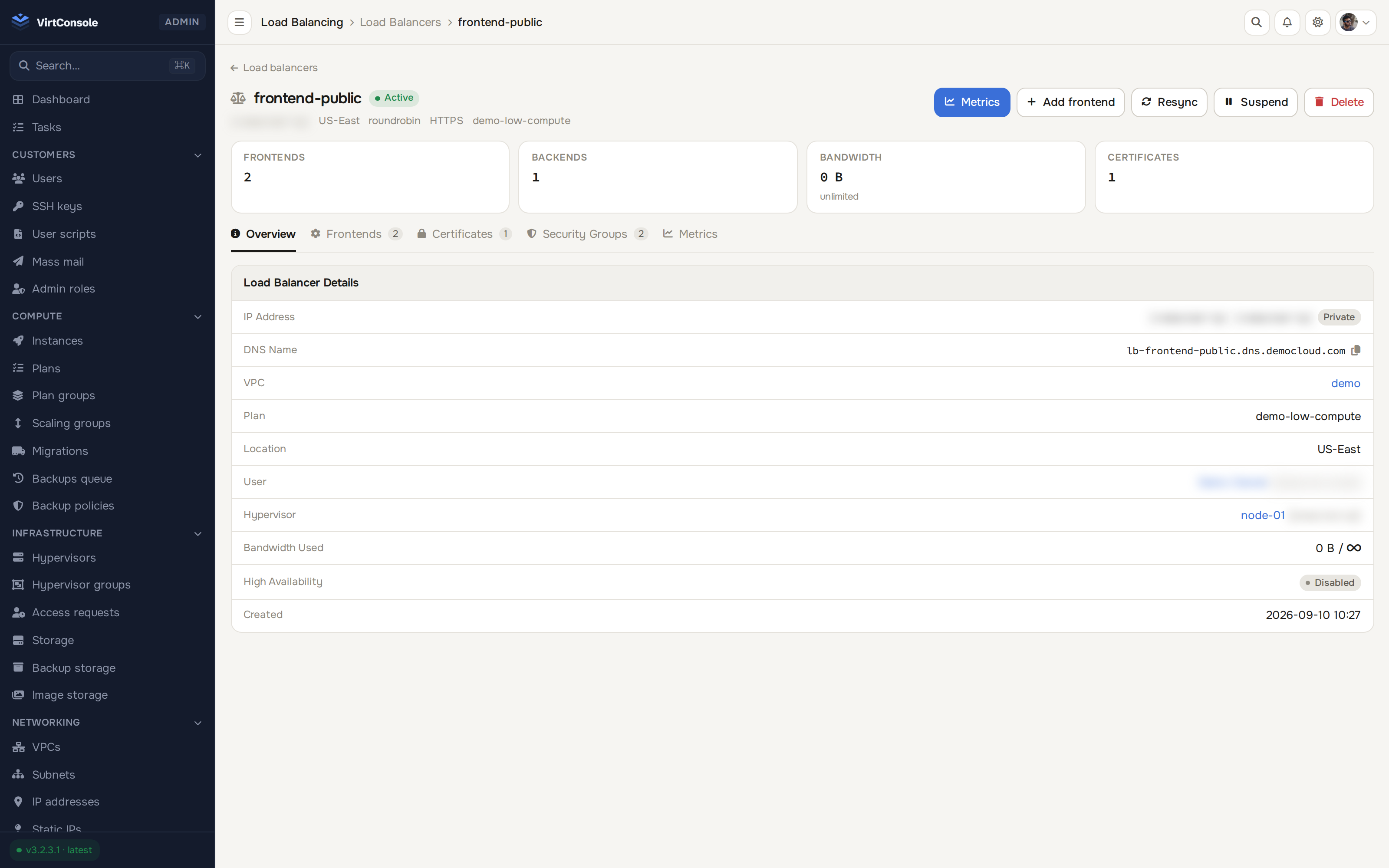 VirtConsole load balancer detail page showing frontends, backend pool members and health check status