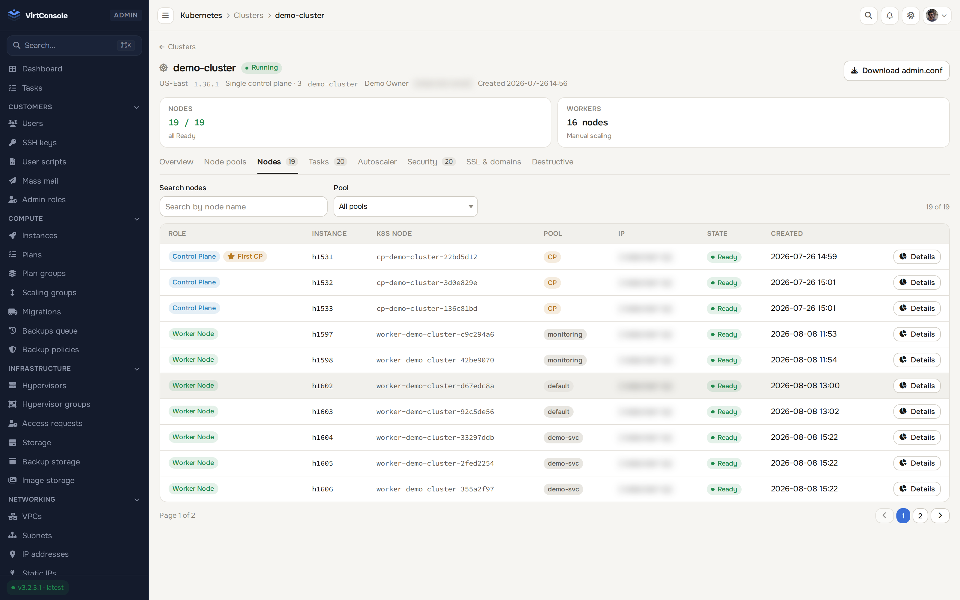 VirtConsole view of a Kubernetes LoadBalancer Service showing its assigned public IP, plan and annotations