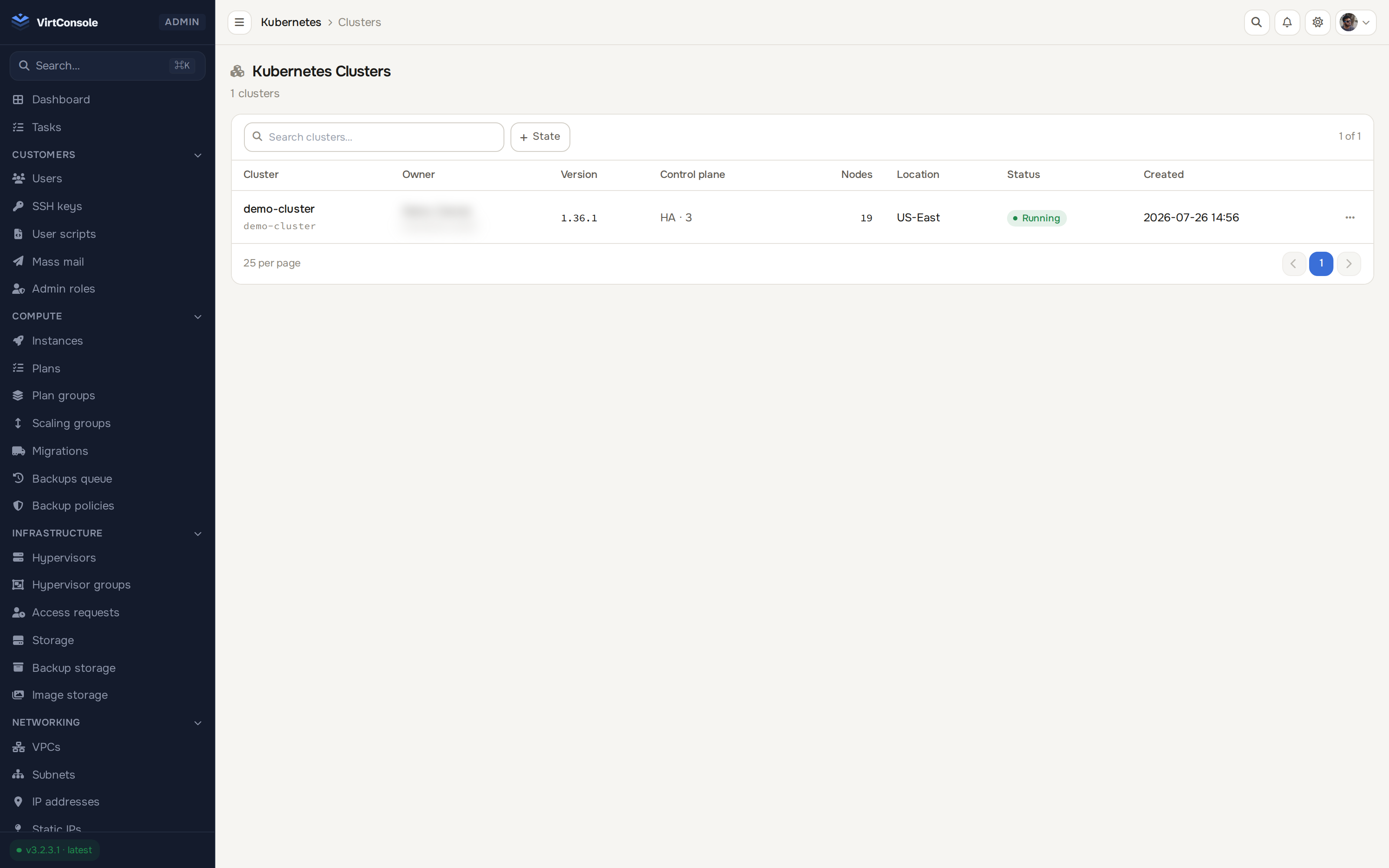 VirtConsole node pools screen showing multiple pools with different plans, labels and taints