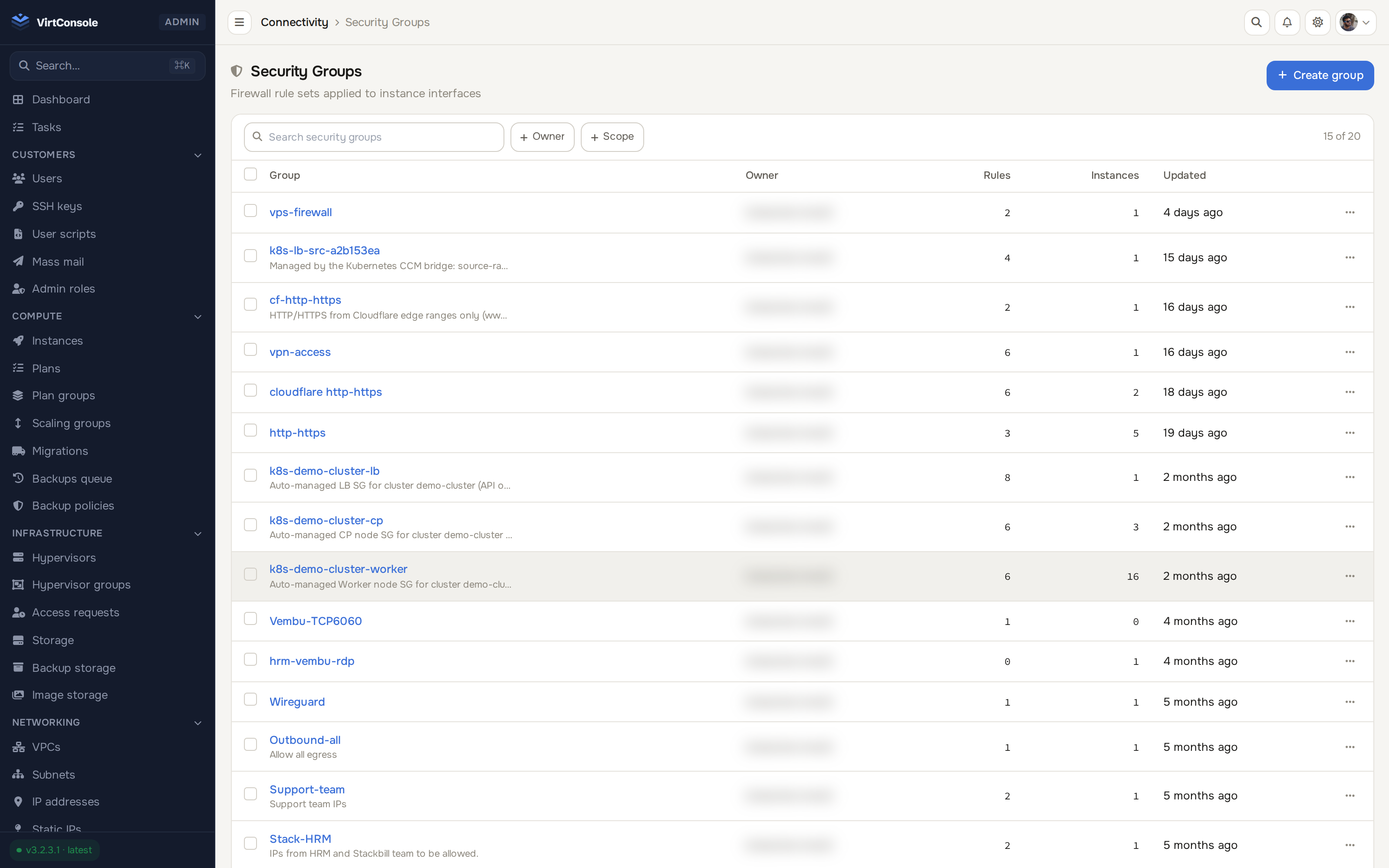 VirtConsole team access screen showing role-based permissions for staff and customer teams