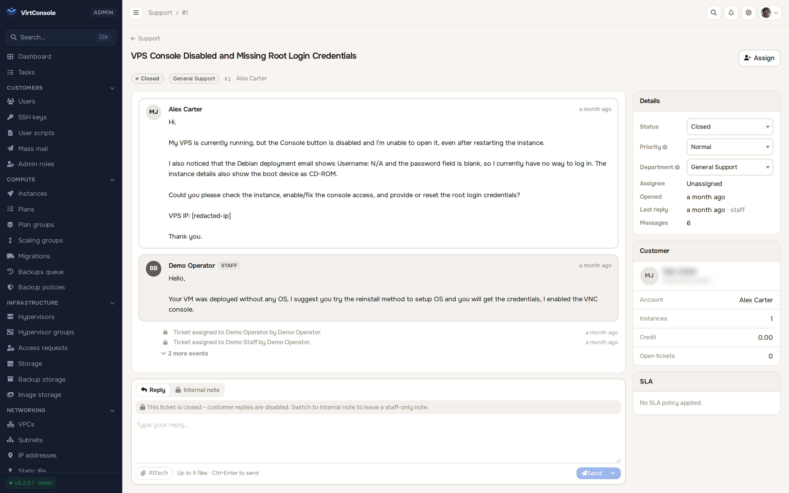 VirtConsole support ticket view showing SLA timers, an AI triage note and threaded replies