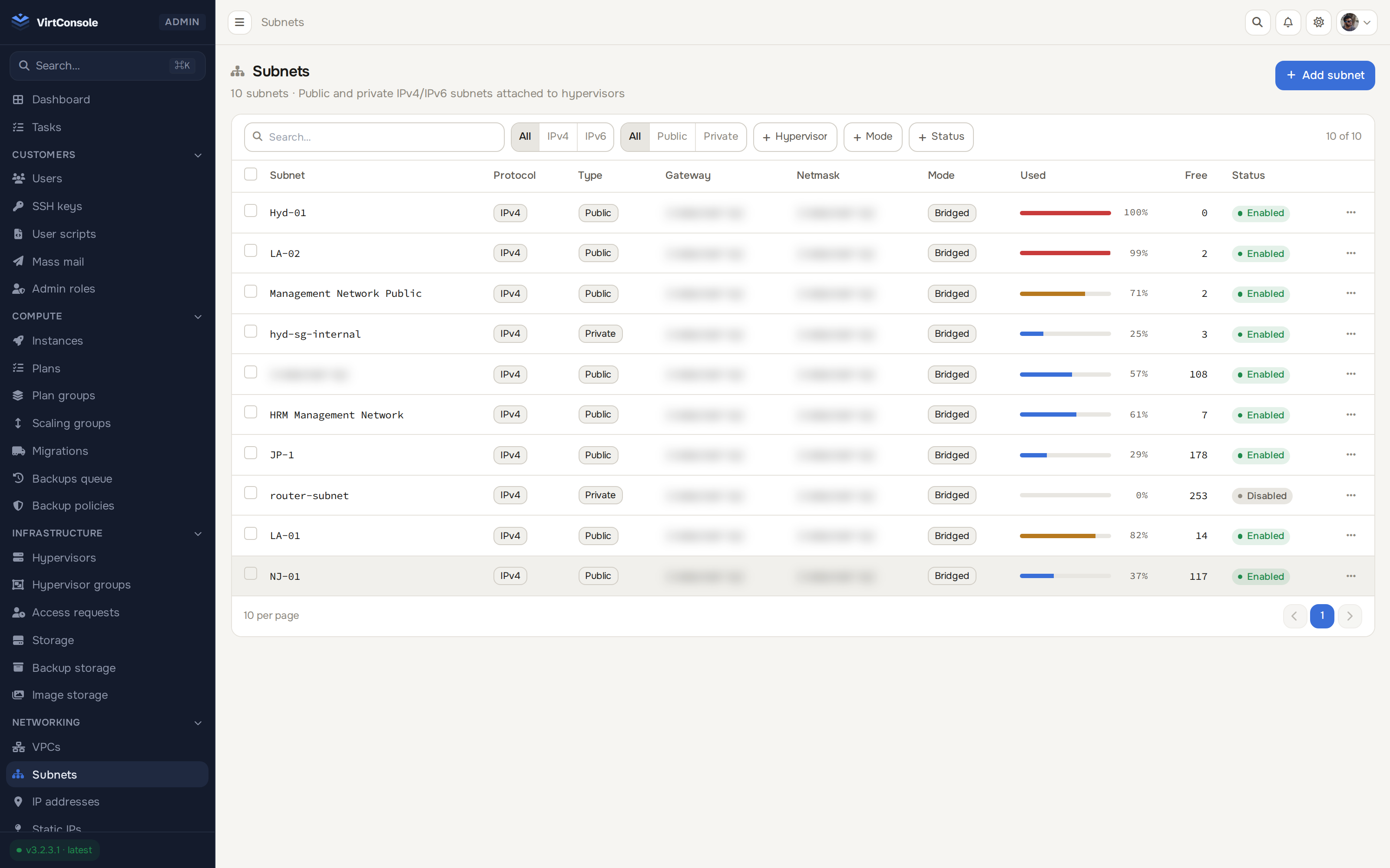VirtConsole VPC networking screen with private networks, subnets and NAT gateways