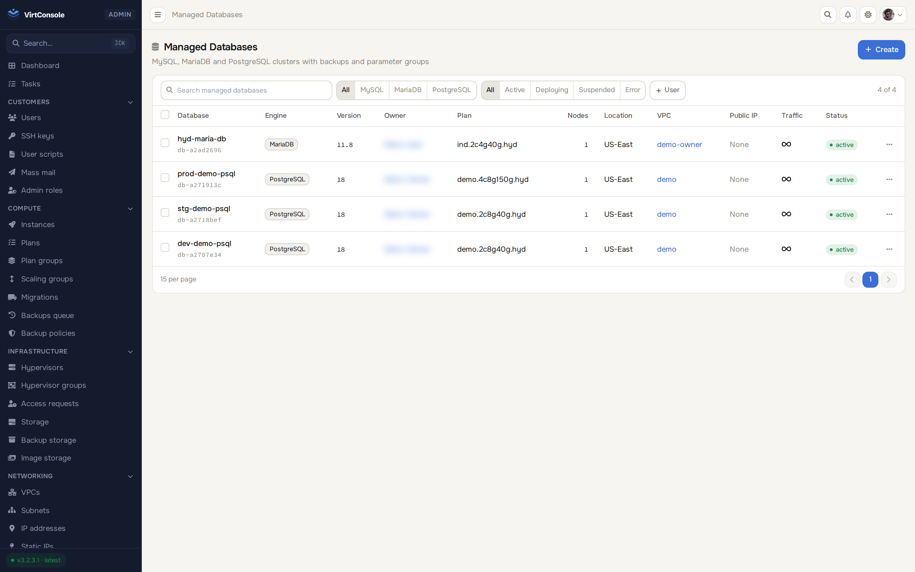 VirtConsole managed database list showing multiple clusters across engines and regions